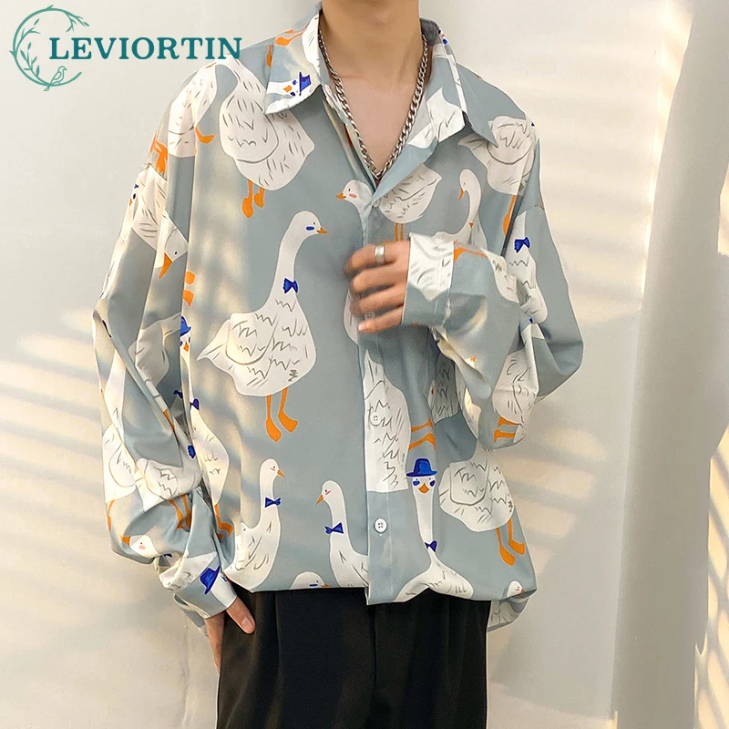 Youth Loose Casual Long Sleeve Shirt Non iron Duck Print Hawaiian Beach Shirts Streetwear Mens Harajuku Blouse Shirt Tops Y2K