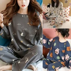 Long-Sleeved Pyjamas Female Fall and Winter Cute Students Sleepwear Loungewear Two-Piece Suit Homewear Flowers Cartoon Nightwear