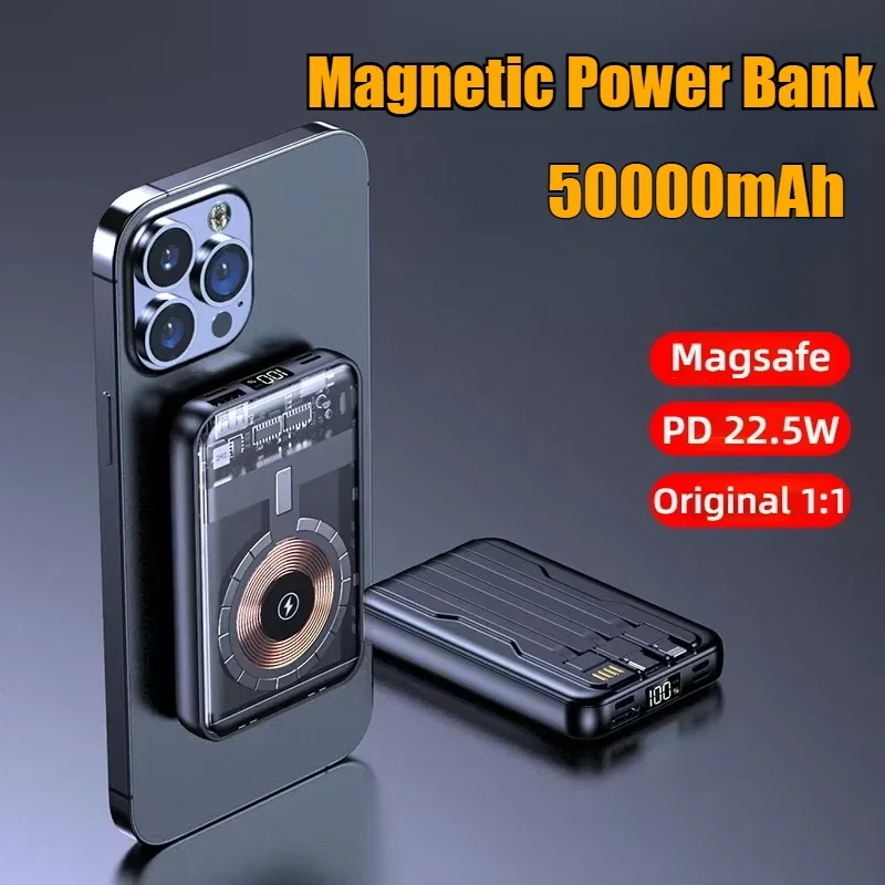 New Transparent Mecha Style Built-in Magnetic Wireless Power Bank 50000mAh Fast Charging for iPhone Samsung Xiaomi Huawei Type-C