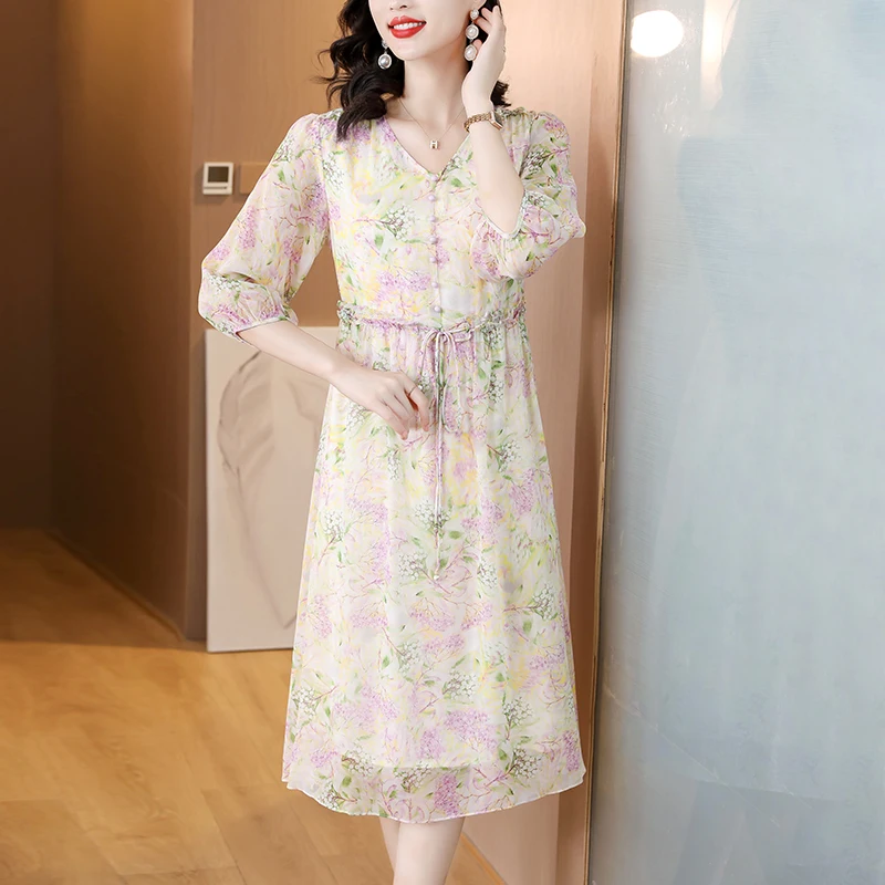 

Лето 2025 г., женское шифоновое винтажное роскошное пляжное облегающее платье с принтом, шелковое платье миди для отпуска, элегантное повседневное вечернее платье, Vestidos