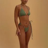 Beads 3Pcs Green Bikini Sexy Women Bandeau Biquini Female Swimsuit Push Up Swimwear Mesh Skirt Bathing Suits Cover Up Beachwear 3