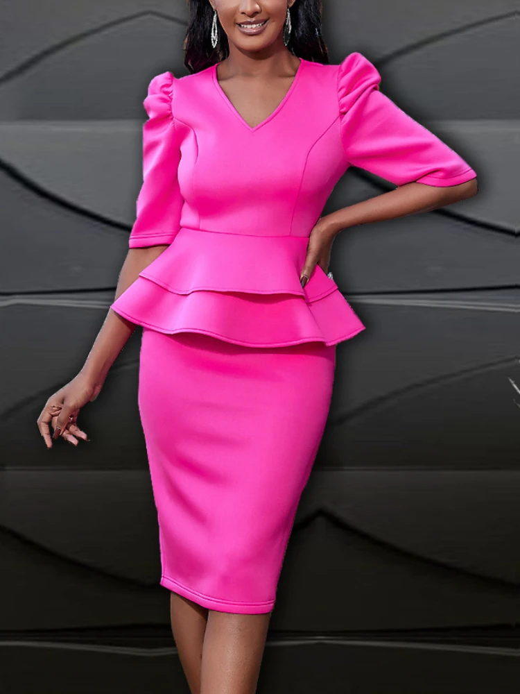 

Peplum Dresses for Women Professional V Neck Bodycon Midi Robes Half Sleeve Rose Evening Cocktail Event Occasion Party Gowns