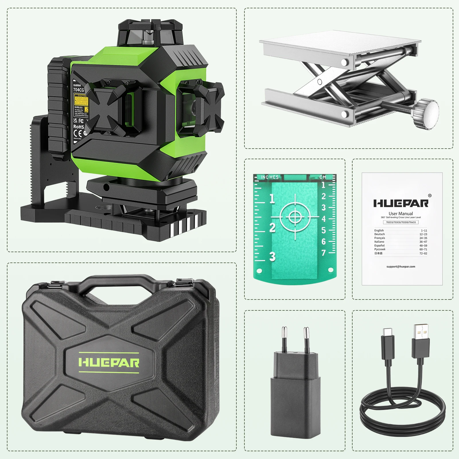 Huepar 704CG Alat Laser 16 Garis 4D Digital 360 Tingkat Laser Sinar Hijau Berputar Meratakan Sendiri