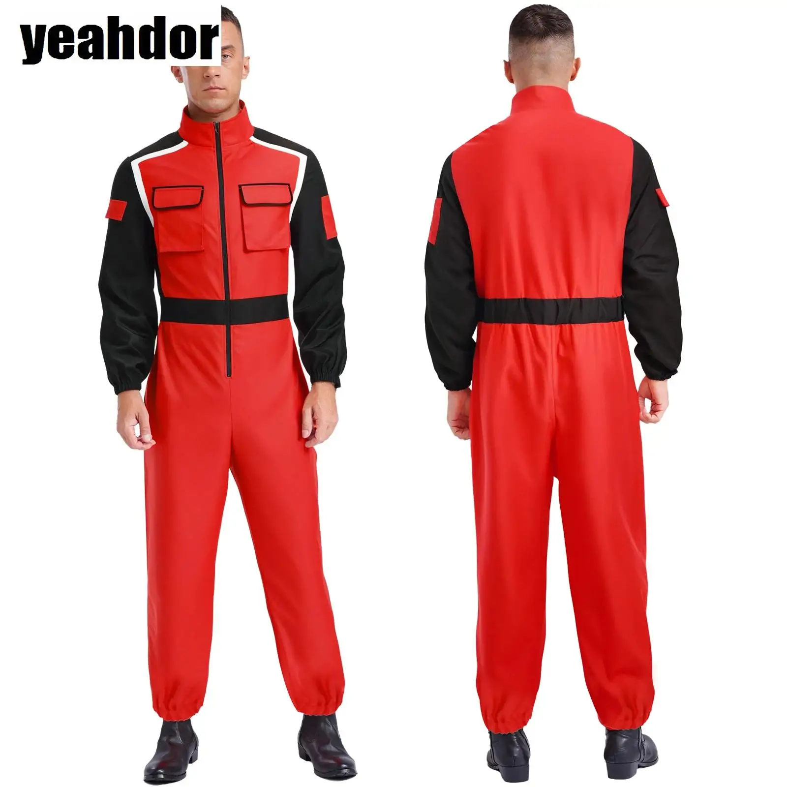 

Fireman Halloween Cosplay Costume Men Racing Driver Rompers Racer Uniform Stand Collar Long Sleeve Pockets Firefighter Jumpsuits