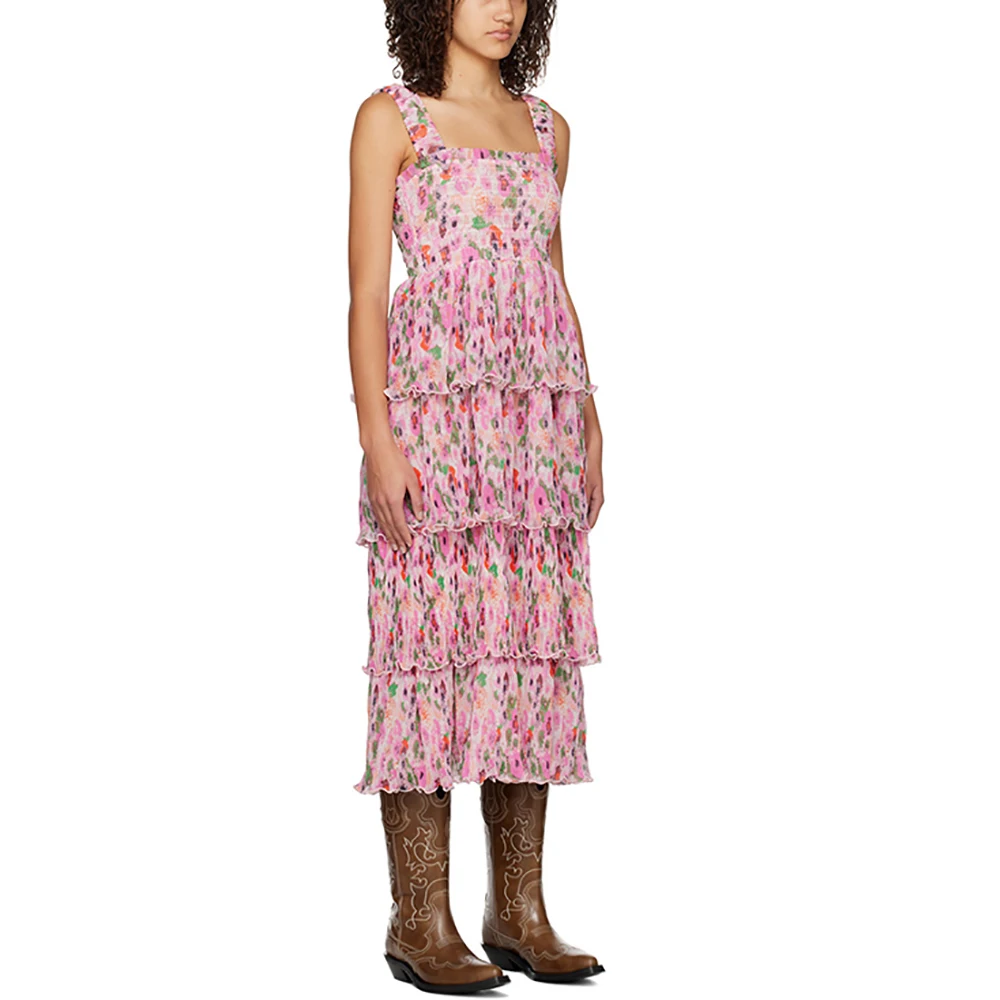 Vestido plissado estampado floral em camadas para mulheres, vestido fino estiramento plissado, vestido halter sem mangas, um pescoço, verão, novo, Y2K, 2024