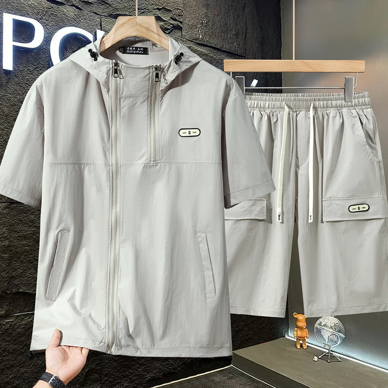 Duży, krótki zestaw z kapturem dla mężczyzn, luźny, na lato, dla puszystych, casualowy, plus size, powiększony dwuczęściowy komplet.