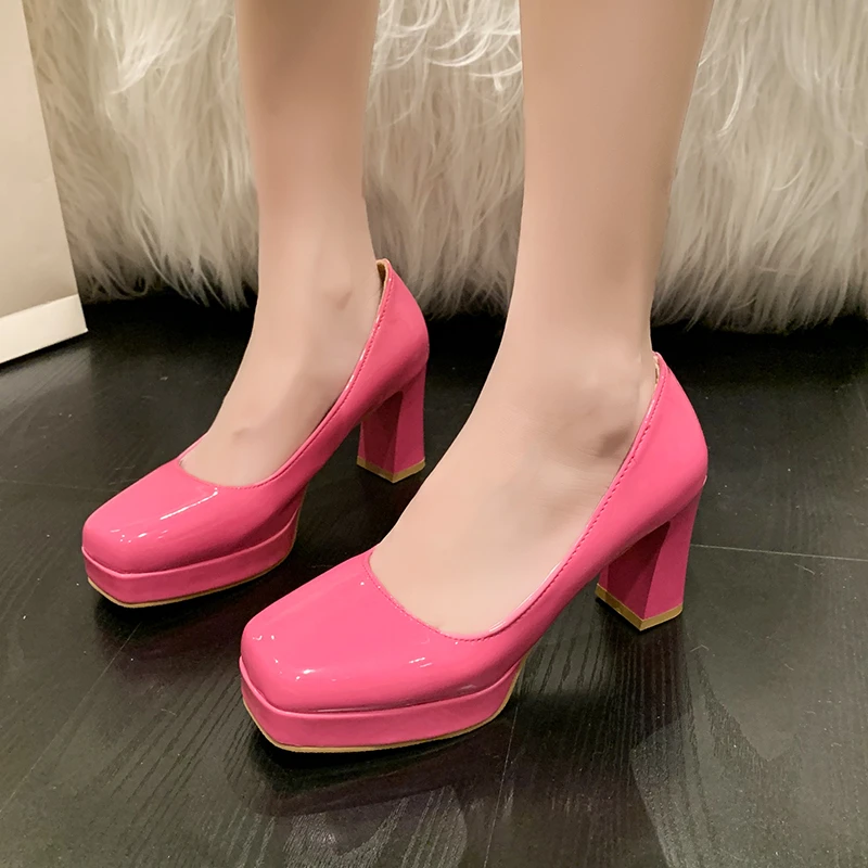 8cm Round Chunky High Heel Platform Baby Pink Orange Pumps Women Shoes Square Toe Fashion Patent Leather Plus Size 46