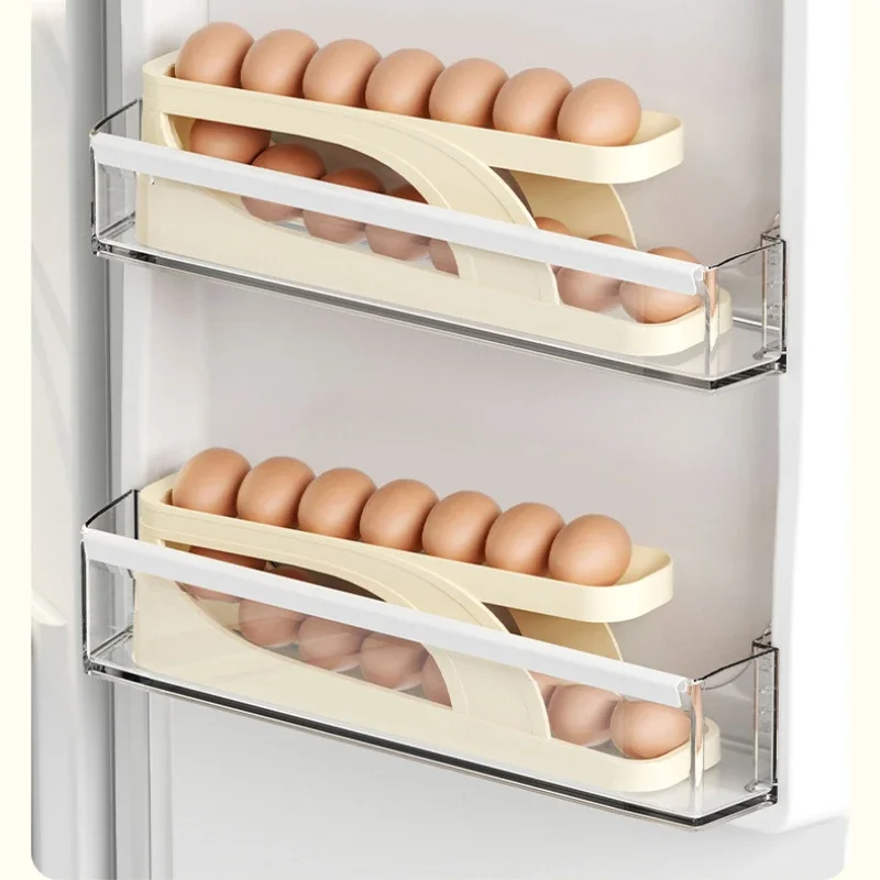 

Rolldown Refrigerator Egg Storage Dispenser Kitchen Storage Box Containers Space-Saving Egg Dispenser Automatic Scrolling Rack