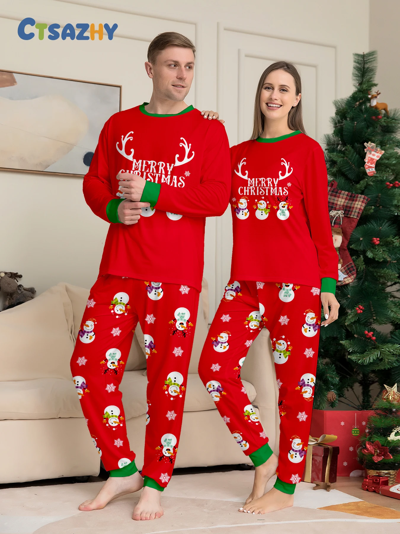 

Рождественский пижамный комплект для пар: красные топы с принтом «Веселого Рождества», оленей и снеговика, снеговик — брюки с рисунком