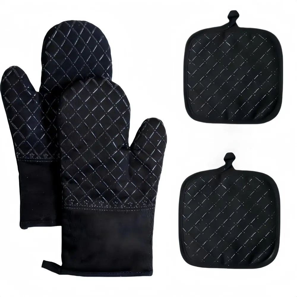 4-Piece Set, Extended Kitchen Oven Mitts and Pan Racks, Heat Resistant 500 °, Silicone Non-Slip Surface for Baking and Cooking (