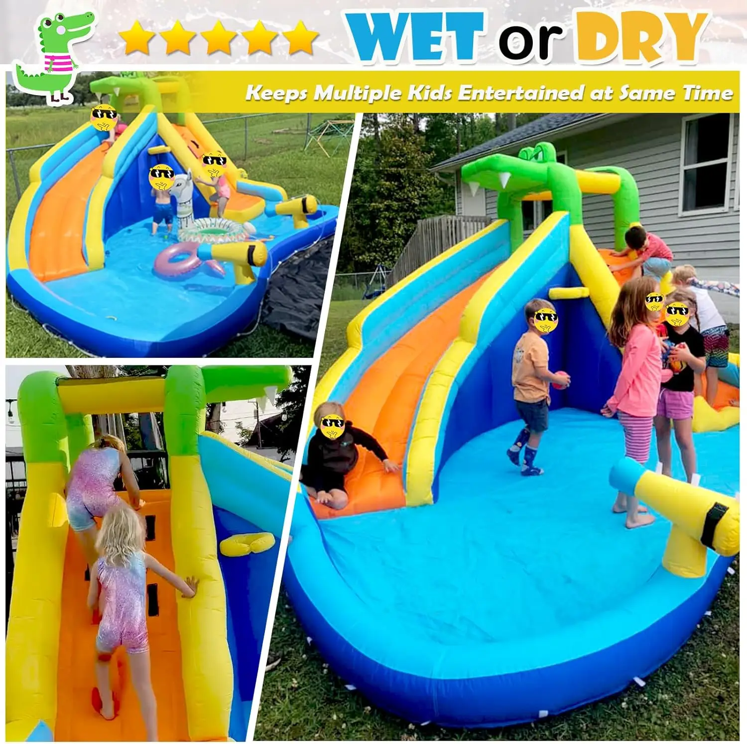 子供用インフレータブルウォータースライド、8in 1、ウォータースライド、450wブロワー付きインフレータブル、2つの銃、クライミングウォール、SPL、ウォーターパーク、152x138x89"