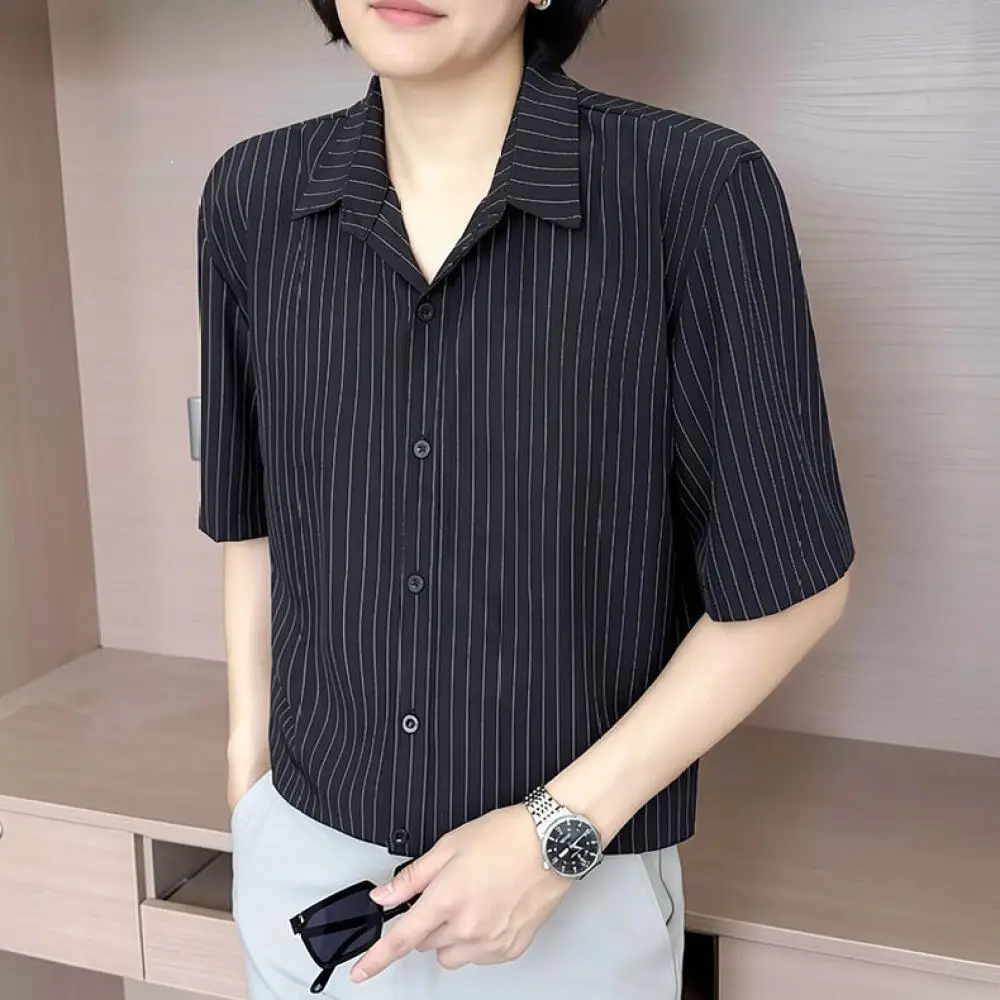 Mens Vertical Stripe Shirt Slim Fit Casual Short Sleeve Summer Tops Fashion Business Apparel Breathable Comfortable Office Shirt