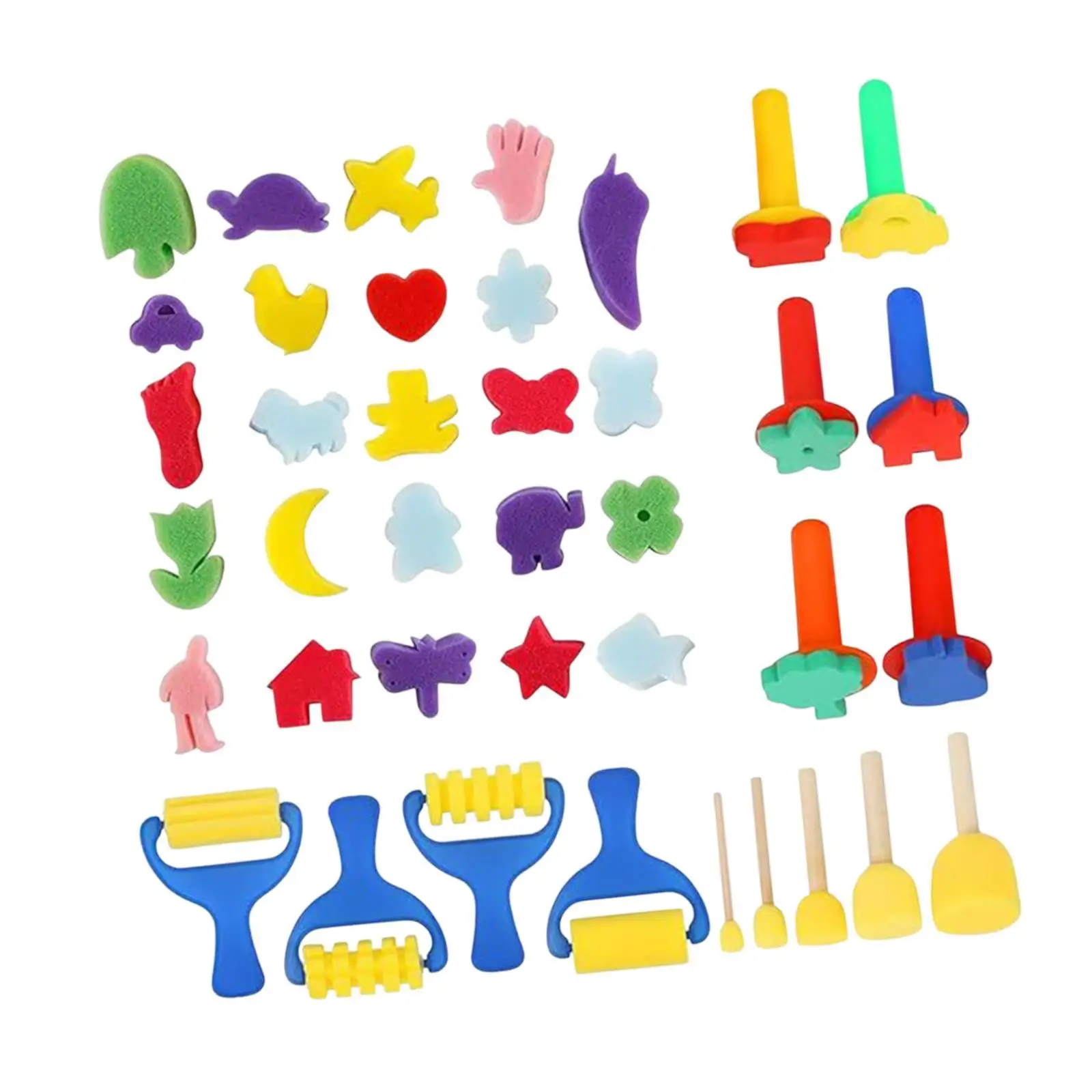 Childrens Art Painting Sponge Brushes Kit with Stamps for Kids DIY Drawing Washable Reusable Creative Learning Tools