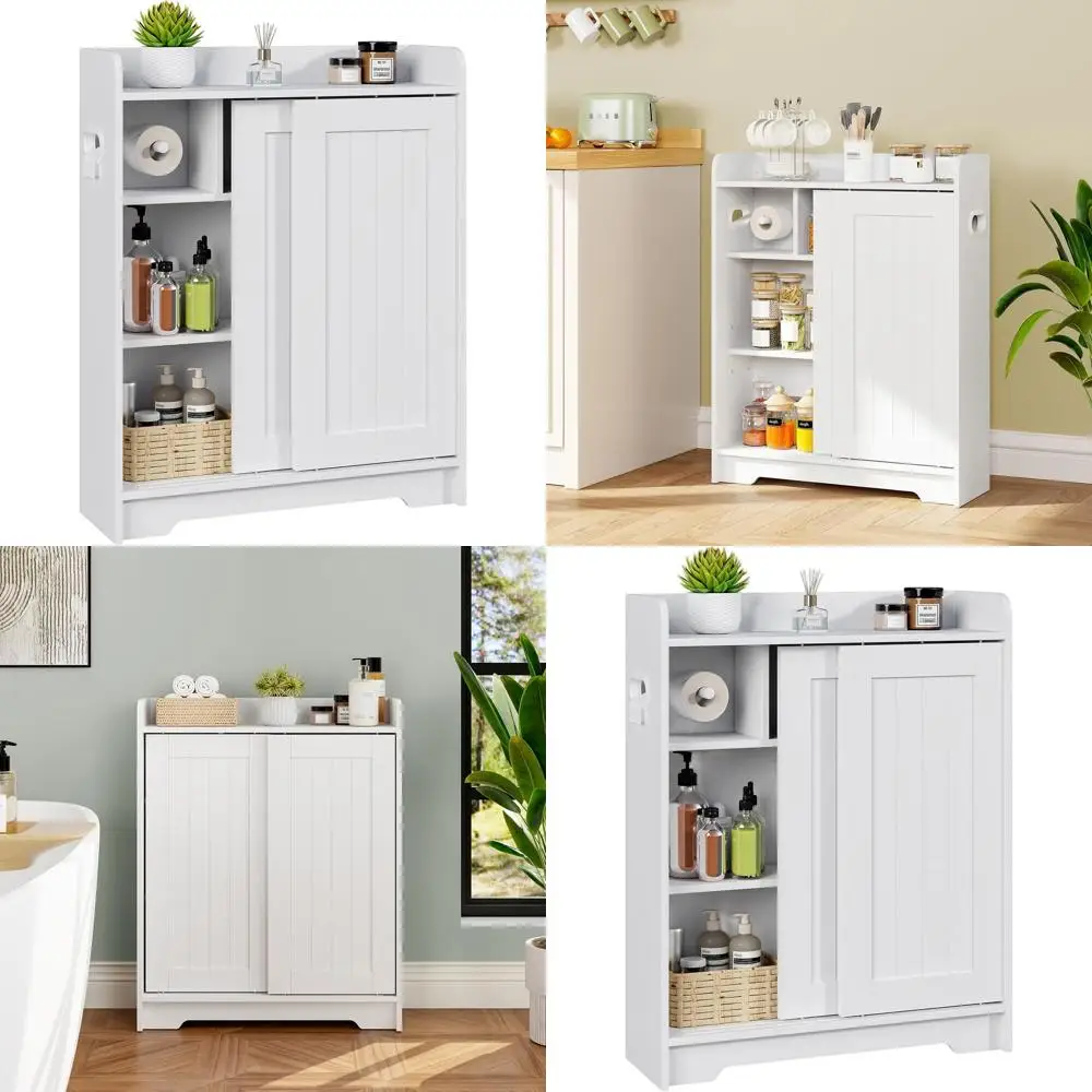 

White Slimline Bathroom Storage Cabinet with Sliding Door for Toiletries and Tissue Holder
