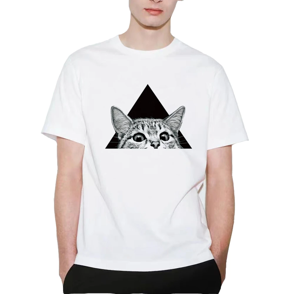 Cute Triangle Cat T-shirt Original Brand Summer Short Sleeve Clothing Men Casual Tshirt Cool Top Tees B019