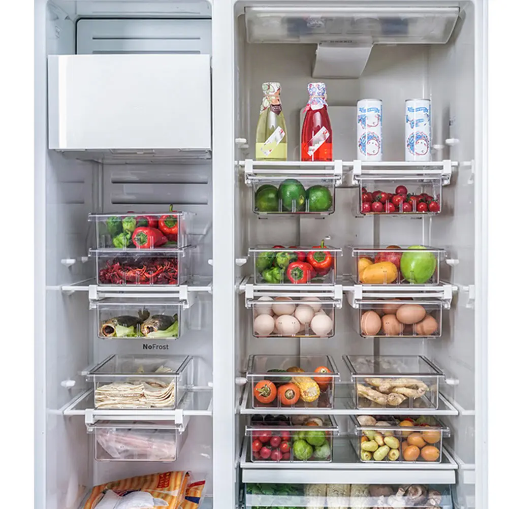 

Refrigerator Storage Box Food Container Organizer Transparent Bins Foldable Containers PET Material Fruit Vegetable Fridge