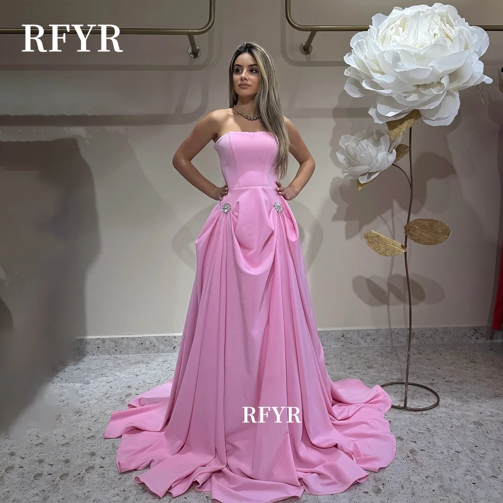

RFYR A Line Prom Dress Crystal Stones Party Dress Pleats Princess Gown with Scarf Sleeveless Celebrity Dress Customized