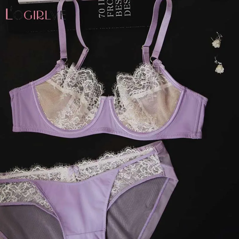 Logirlve Sommer Sexy Spitzen-Dessous-Set für Damen, französischer Push-up-BH mit dünnen Cups, bequeme, atmungsaktive Unterwäsche, Damen-BH-Slip-Set