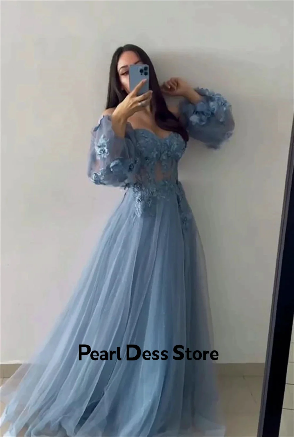 Pearl Gauze Luxurious Women\'s Evening Dresses for Formal Occasions Line A Luxury Prom Dress 2024 Off the Shoulders Floral Lace