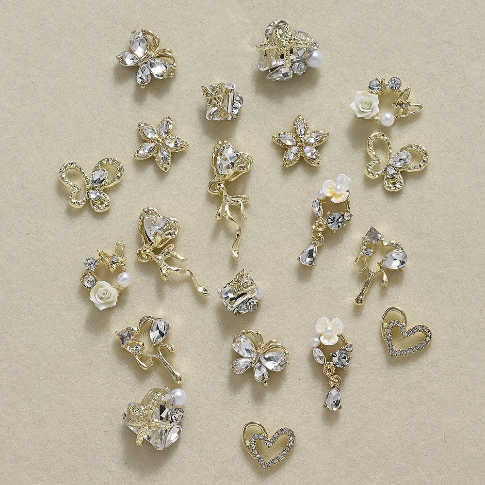 20Pcs 골드 실버 나비 하트 크리스탈 라인 석 3D 합금 꽃 다이아몬드 네일 참 DIY 럭셔리 보석 매니큐어 장식