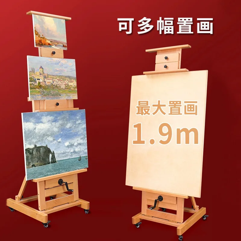 Beech Wood Studio Easel, Hand Crank Adjustable H-Frame Easel with Wheels for Large Canvas, Professional Artist Easel