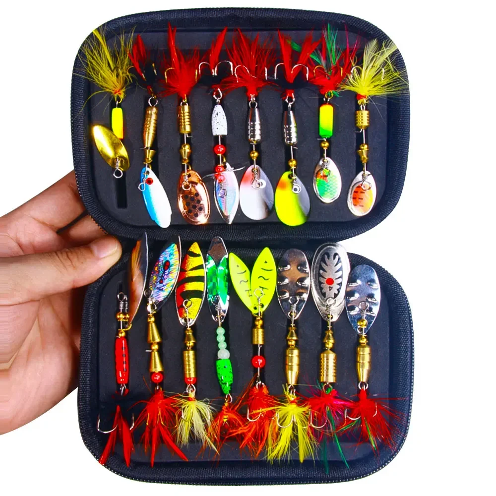 

16PCS rotate Spinnerbait Metal Spoon Spinner Fishing Lure Hard Bait With Feather Treble Hooks with Bag Spinnerbait Tackle Yarn