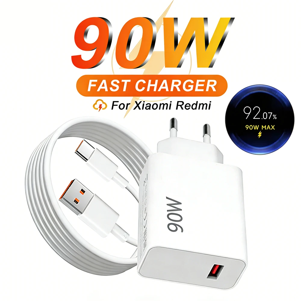 Carregador USB Turbo Rápido de 90W para Xiaomi 13 14 15 Ultra 15T 17 Pro Redmi Note 14 Pro POCO F6 F7 X6 X7 Pro Cabo de Carregamento Rápido Tipo C