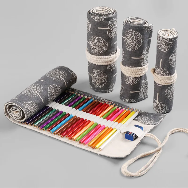 12/24/36/48/72 Hole Pen Curtain Case Roll-up Pencil Bags Colored Lead Pure Cotton Canvas Large-capacity Pencil Case