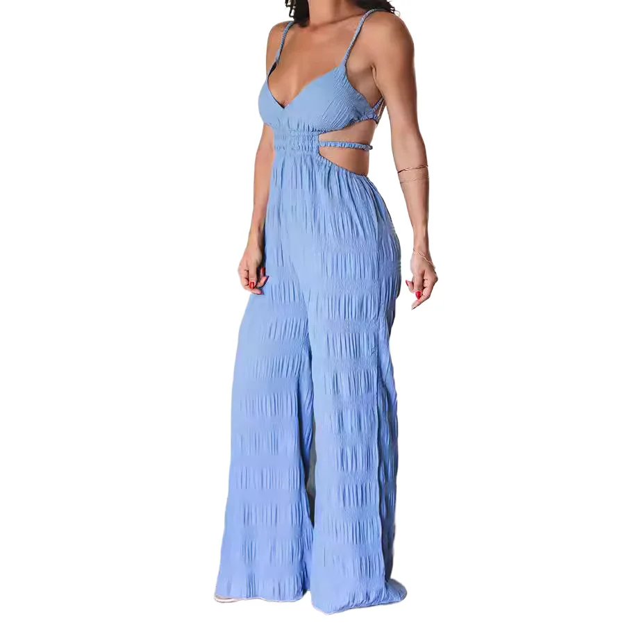 

Sexy Backless Jumpsuits For Women Elegant Deep V Neck Hollow Tops Pleat Wide Leg Jumpsuit 2025 Fashion Slim High Waist Romper