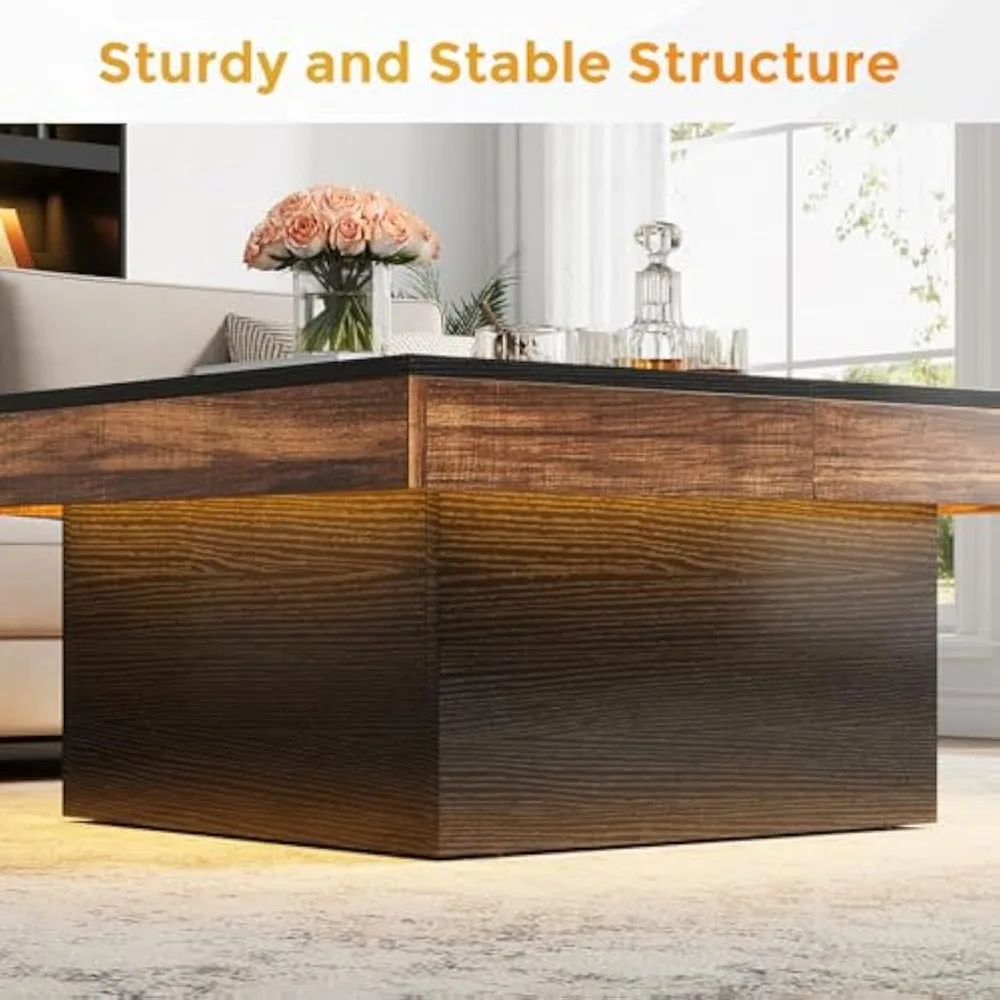 Mesa de centro quadrada com luz LED, mesa de centro LED moderna de 35 polegadas com armazenamento, mesa de centro de madeira para sala de estar, grande Cockta