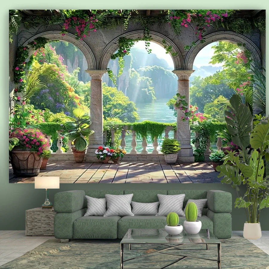 1PC Stone Arch Ocean View Print Backdrop Banner, Bedroom Living Room Photo Background, Polyester, Home Decor, Wall Art