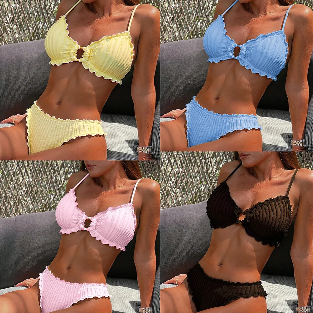 New In 2026 Women's 2 Piece Set Swimsuit Solid Color Lace Swimwear Female Summer Sexy Beach Bikini Sets