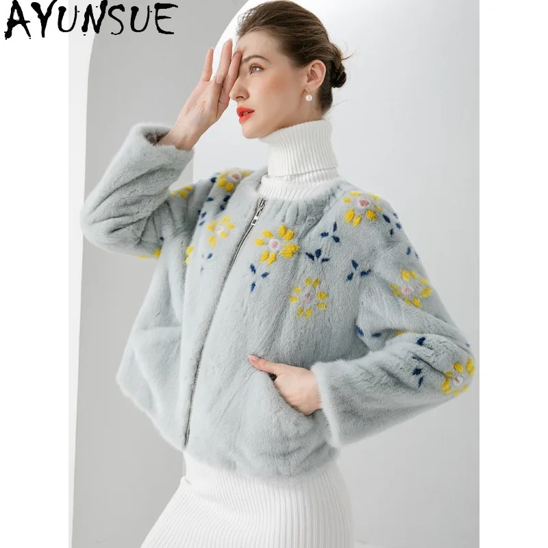 AYUNSUE, abrigos de piel de visón enteros con etiqueta púrpura para mujer, Chaqueta corta de piel, prendas de vestir exteriores de invierno, abrigo de piel elegante, ropa de mujer 옷 자