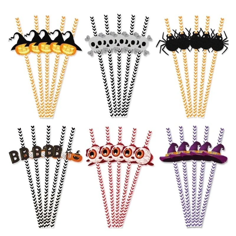  24pcs Halloween Disposables Party Straws Bat Skull Paper Straws Holiday Drinking