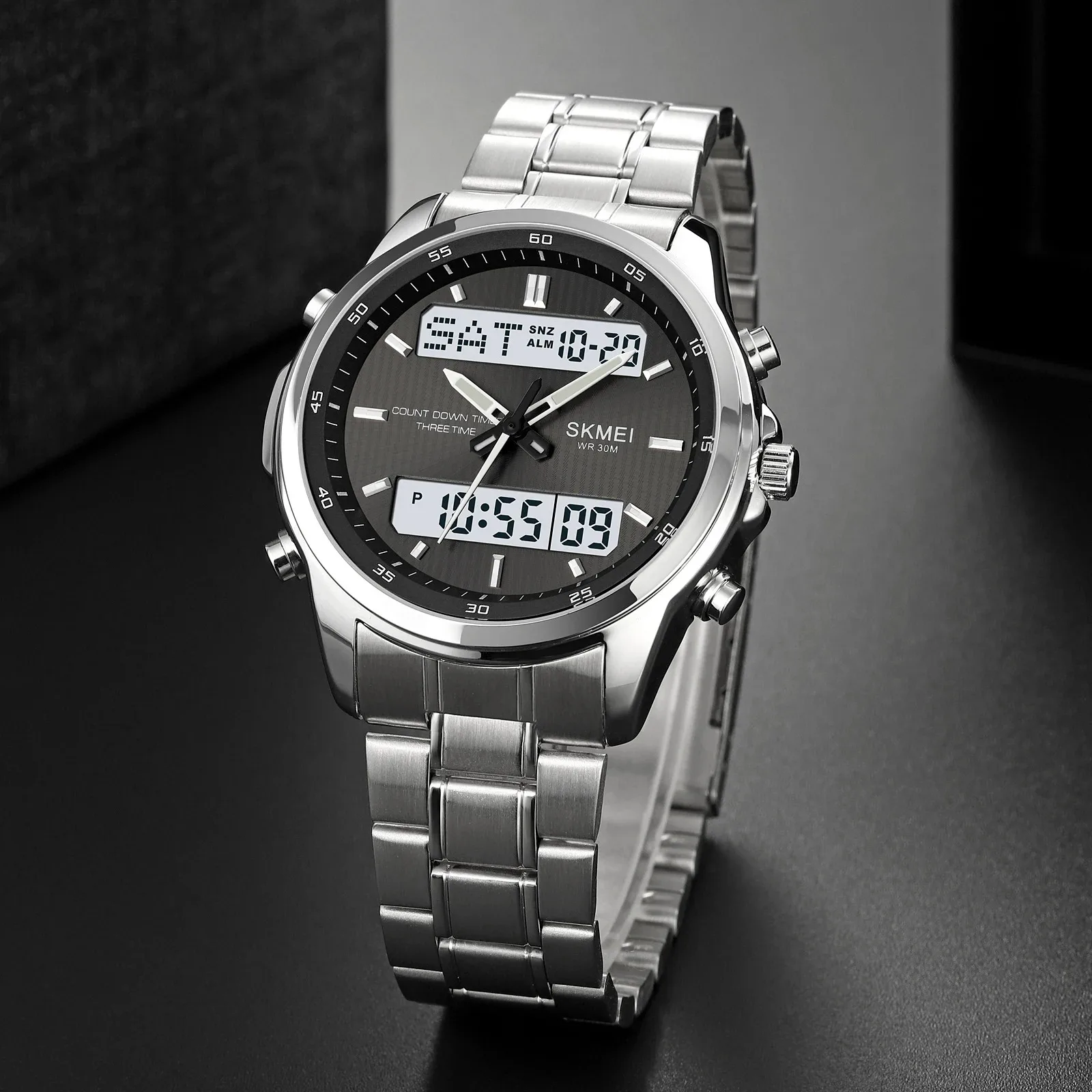 

SKMEI 2049 Back Light Display Sport Watch Digital Wristwatches Mens 3 Time Countdown Full Steel Waterproof Stopwatch Alarm