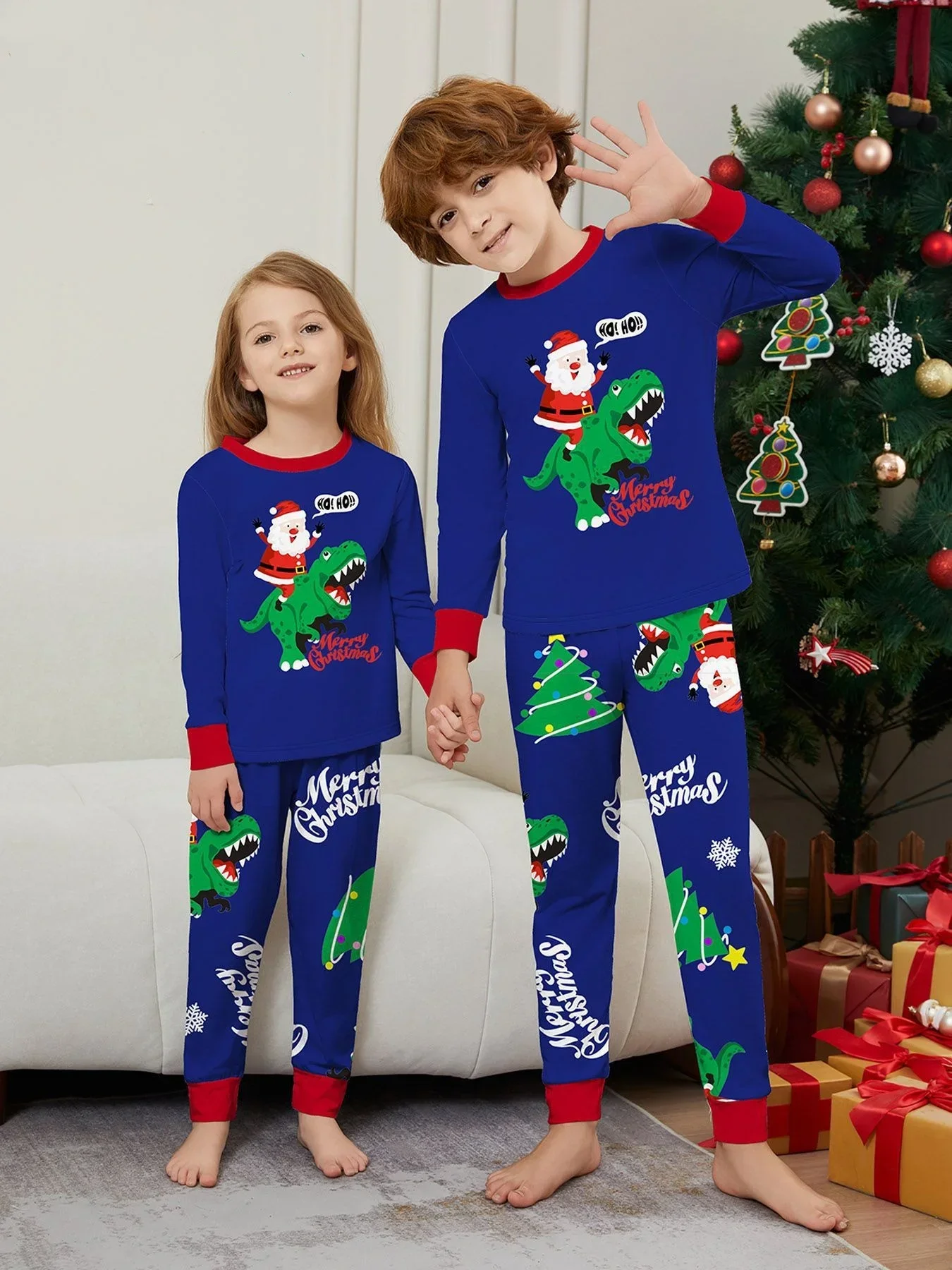New Santa Dinosaur Print Cute Clothing Set Costume Women Men Boys Girls Christmas Pajamas Set Xmas Party Family Look Pjs  123