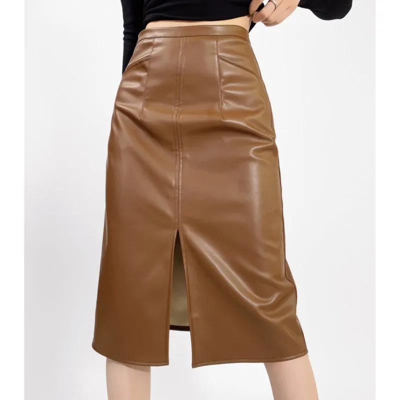 Autumn Winter Sexy Black Front Slit Below Knee Length PU Leather Skirt Women Package Hips A-line Skirts