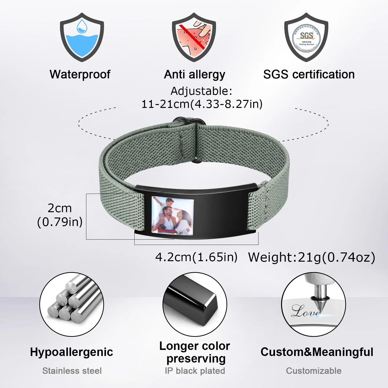 Vnox Personalized Photo Bracelet for Men, Custom Engraved Picture Text Custom Elastic Strap Stainless Steel ID Bracelets Gifts - view 3