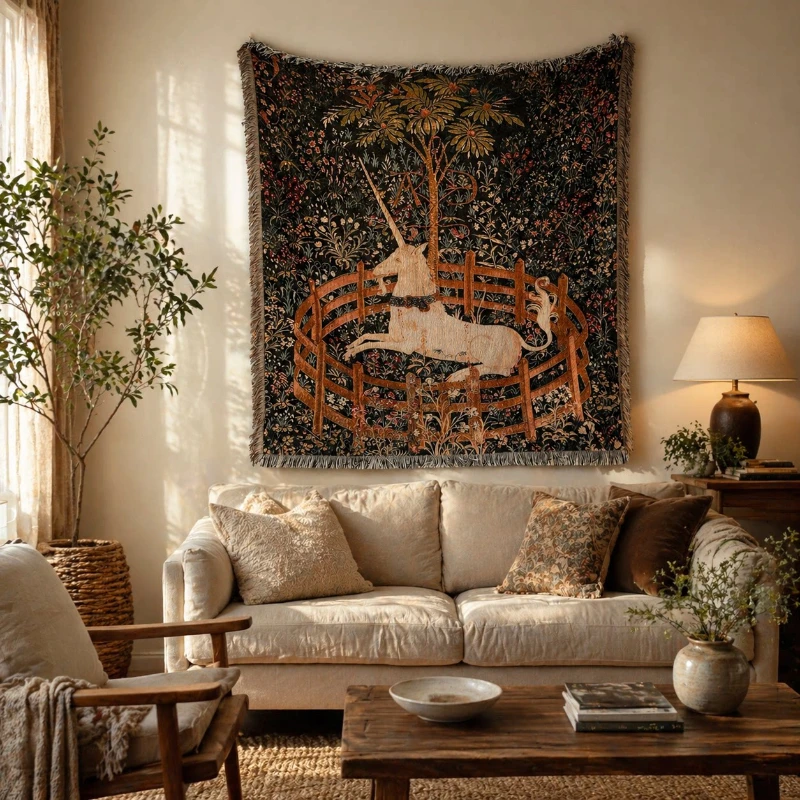 Medieval Woven Tapestry Throw Blanket,Vintage Gothic Wall Hanging with Fringe,Boho Exotic Cover for Sofa Bed,Halloween Art Decor