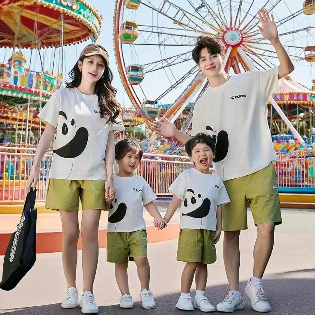 Funny Family Matching Outfits Parents and Children Clothes Korean Dad Mom and Son Daughter Panda T Shirts Shorts Two Piece Sets