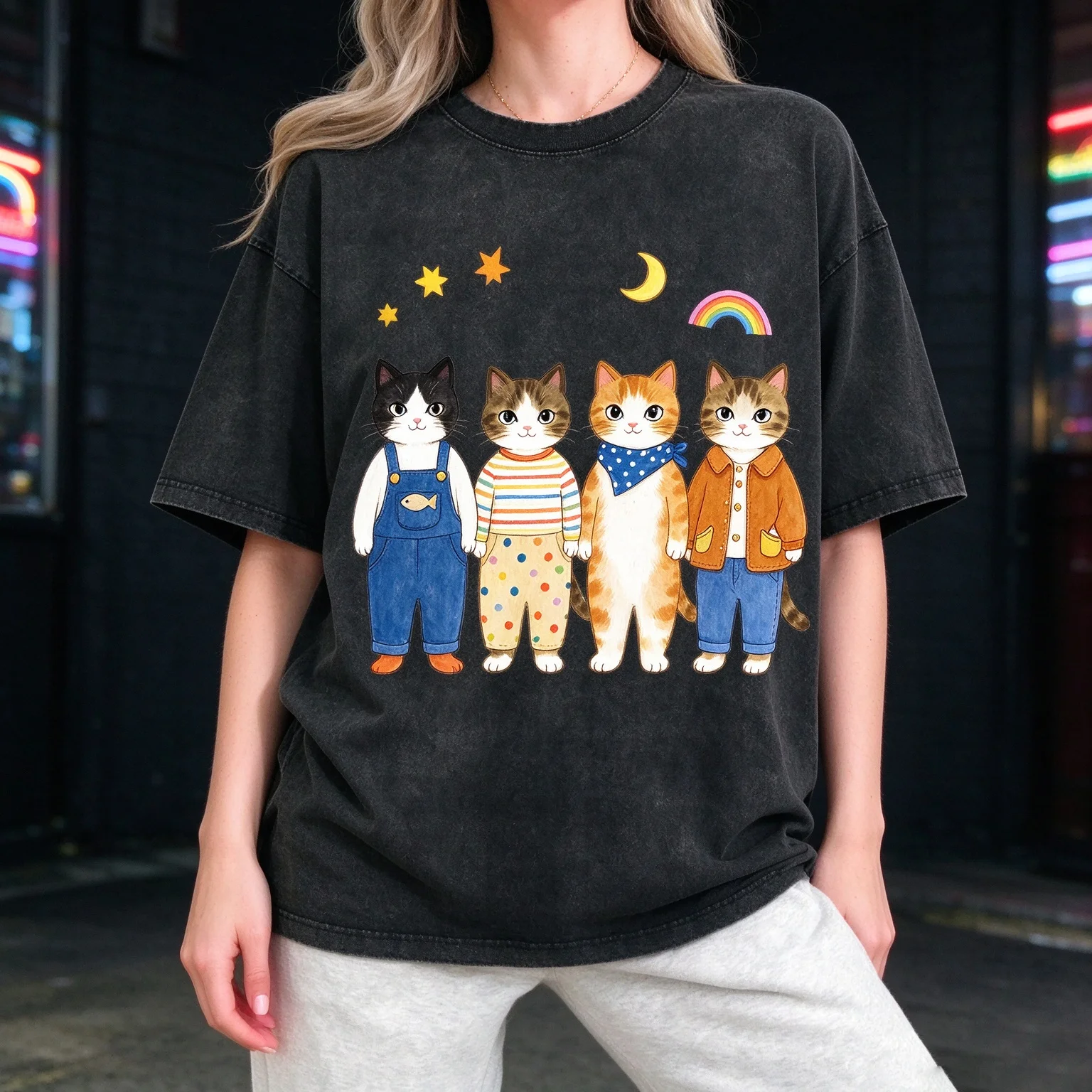 Women Retro Mineral Wash T‑Shirt Whimsy Hand‑drawn Dressed Cats Graphic Tee Rainbow Star Moon Pattern Loose  Streetwear Tops