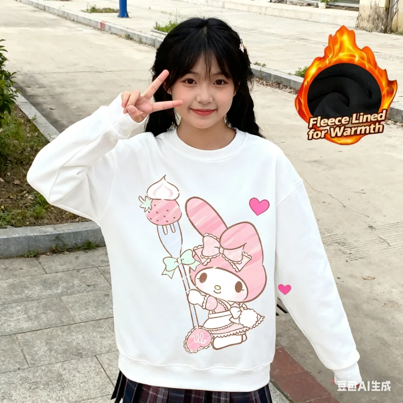 

2025 Sanrio Series Printed Crew Neck Long-Sleeve Top, Cute and Warm Fleece-Lined Crew Neck Long-Sleeve T-Shirt, 100% Cotton