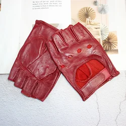 Half Finger Gloves Women's Leather Thin Fashion Hollow Style Color Sheepskin Short Outdoor Motorcycle Riding Locomotive Driving