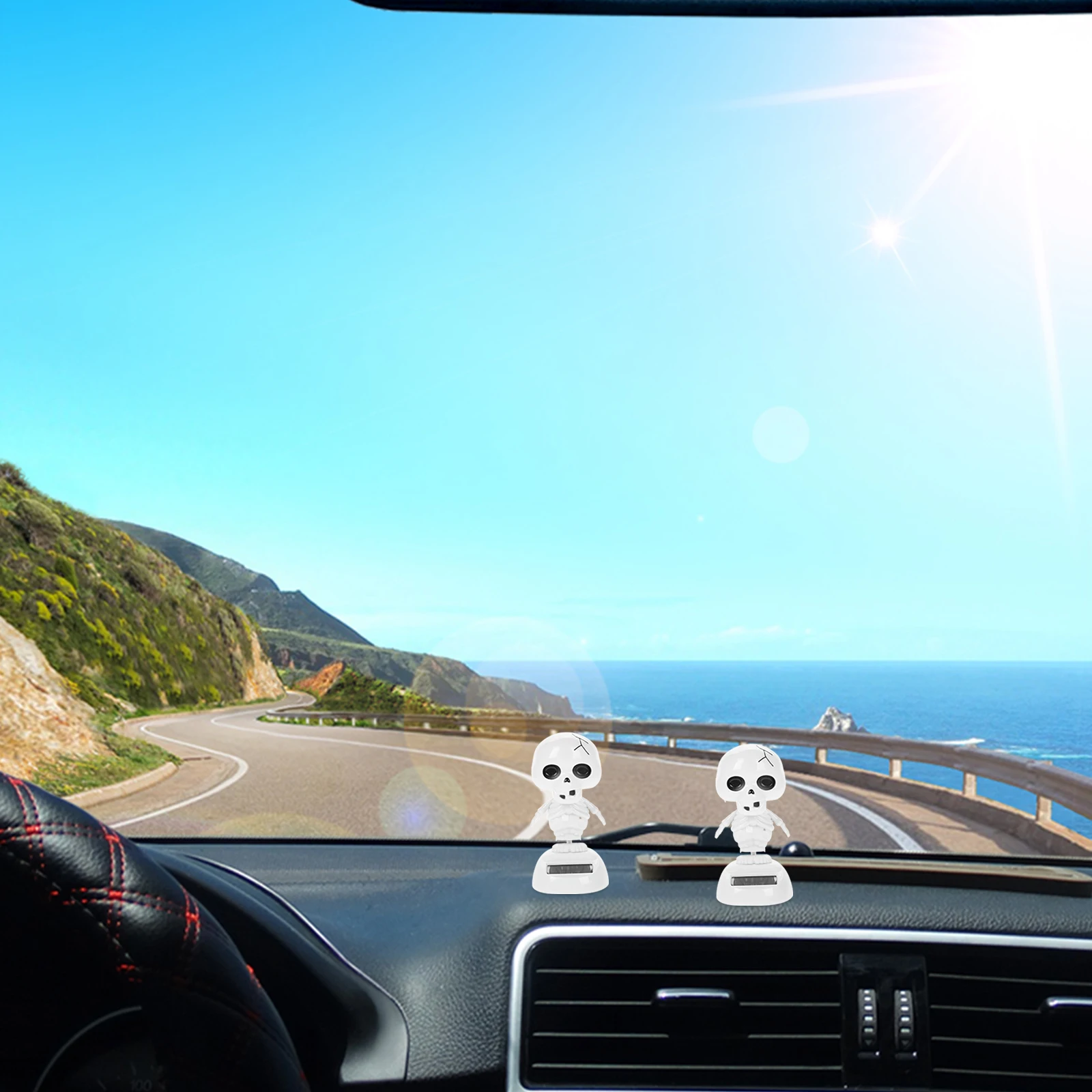 2pcs Solar Dancing Decor Halloween Car Home Office Desktop Decorative Bone Statue Lightweight Plastic Shaking Head