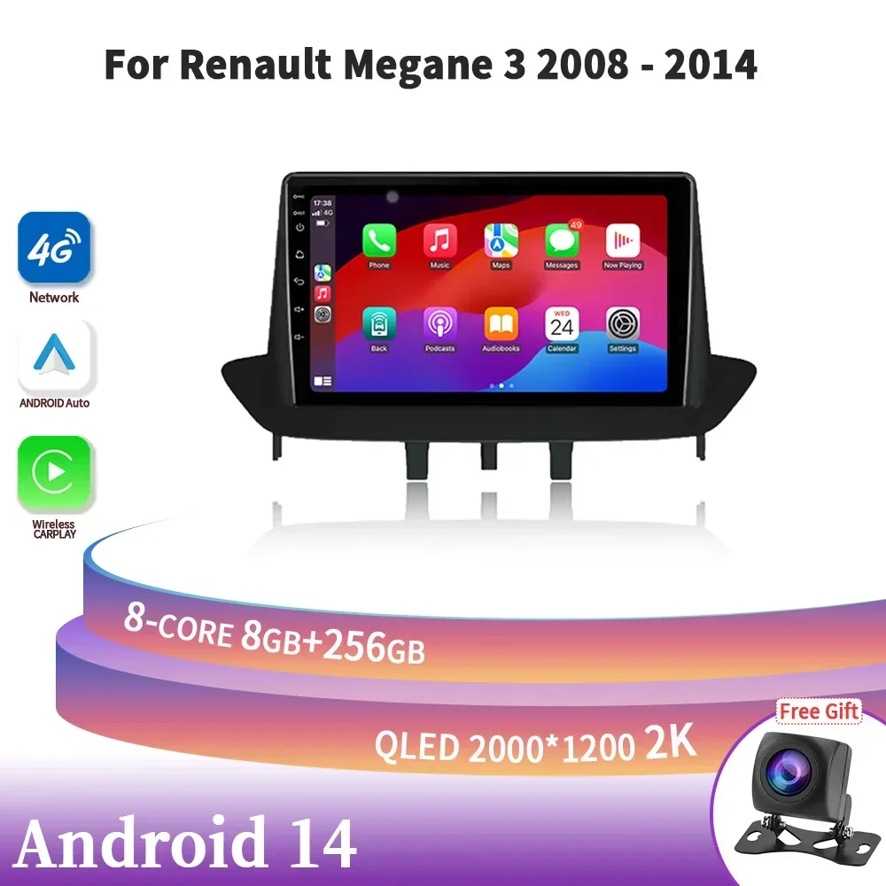 For Renault Megane 3 2008-2014 Android 14 Car Radio Multimedia Navigation GPS 4G WIFI Wireless Carplay Stereo System 2Din Screen