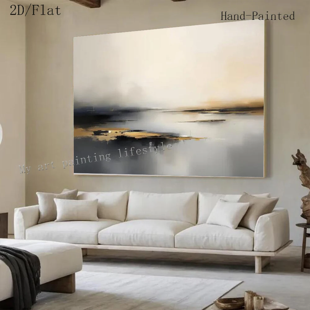 

Large Abstract Oil Painting Hand Drawn Gold Sea View Wall Art Picture Original Thick laye Mural for Home Living Room Decor Image