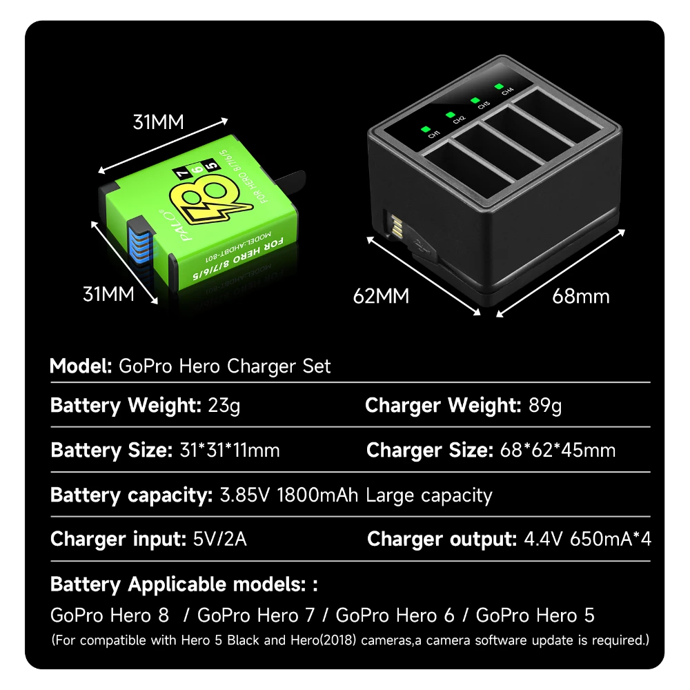 1800mAh For Gopro Hero 8 Hero 7 Hero 6 Hero 5 Battery With 4-Slots LED Charger Gopro Hero 8 7 6 5 Go Pro Accessorie Batteries