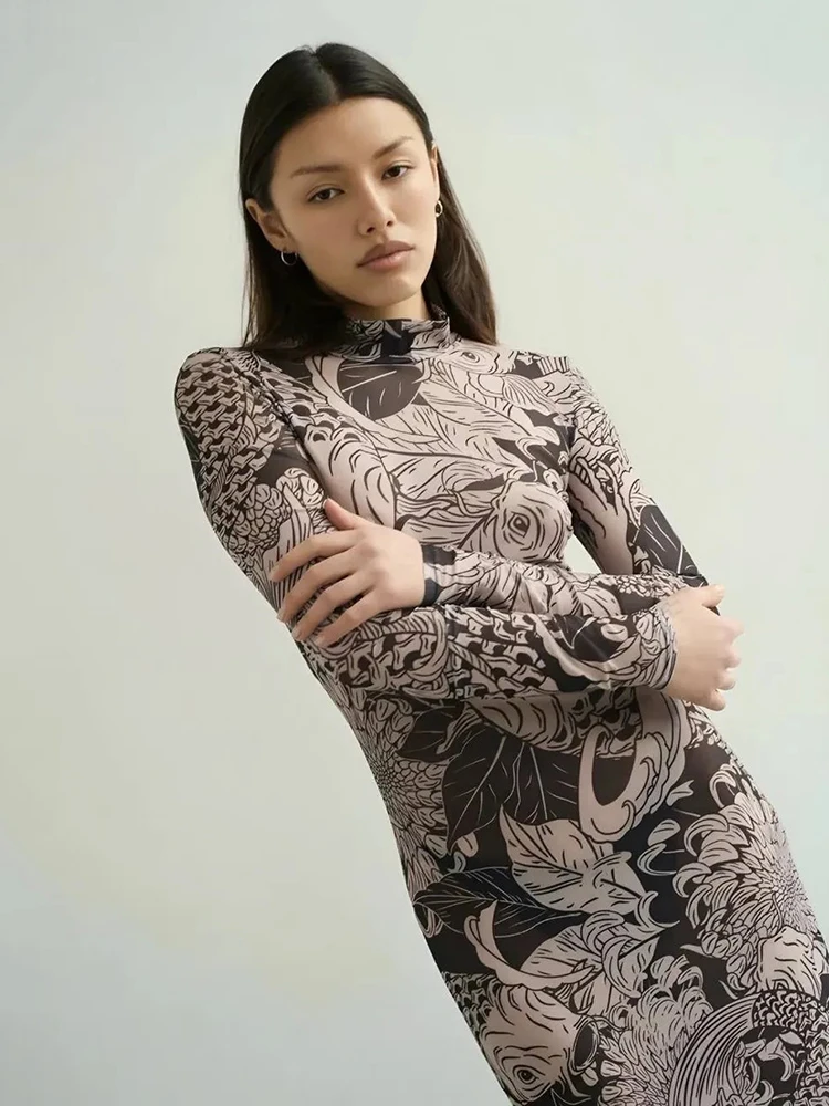 REDDACHiC Retro Printing Mesh Dames Bodycon Zomer Sheer Stretchy Coltrui Maxi-jurk met lange mouwen Esthetische Grunge Streetwear