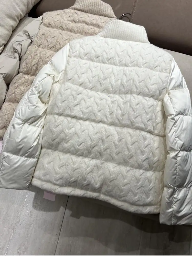 Cashmere Mixed Women Goose Down Jacket, 90% White Goose Down, High Neck Zipper Coat With Twisted Knit Sleeves