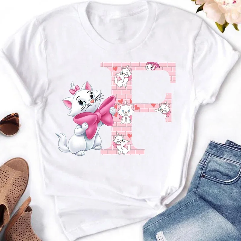 Marie Cat A-Z English Letters Short Sleeve Summer Women The Aristocats Print T Shirt Female Casual Top Tshirts Cartoon T-Shirt